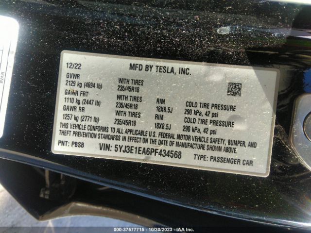 5YJ3E1EA6PF434568 Tesla MODEL 3