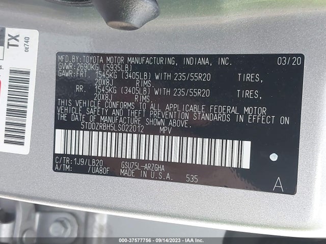 Toyota Highlander Limited/platinum 2020 5TDDZRBH5LS022012 Image 9