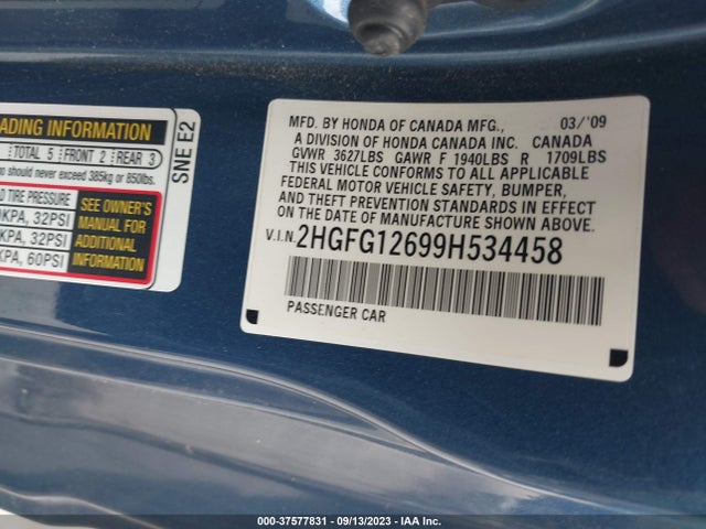 2009 HONDA CIVIC CPE LX VIN: 2HGFG12699H534458