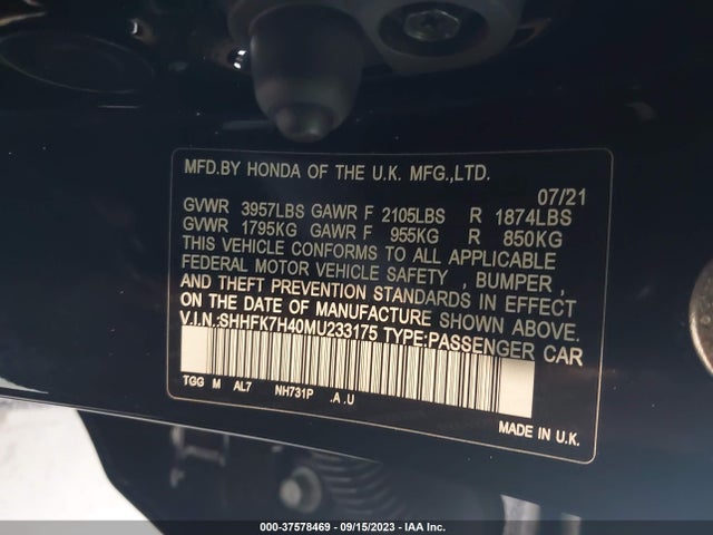 2021 HONDA CIVIC SPORT VIN: SHHFK7H40MU233175