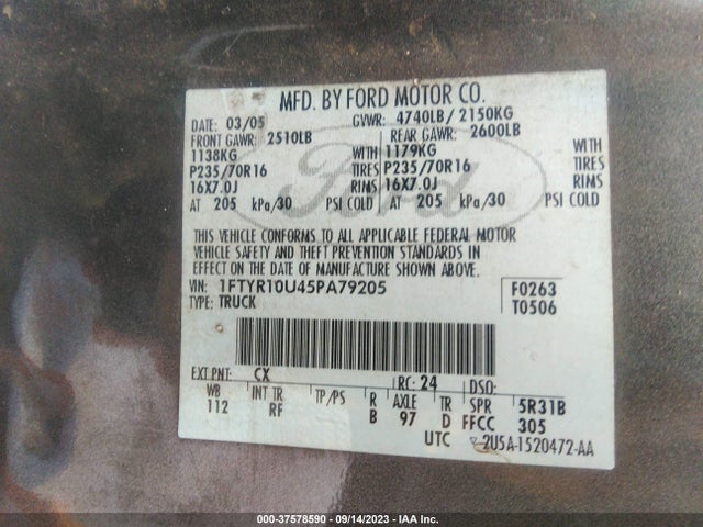 2005 FORD RANGER XL/XLT/EDGE/STX VIN: 1FTYR10U45PA79205