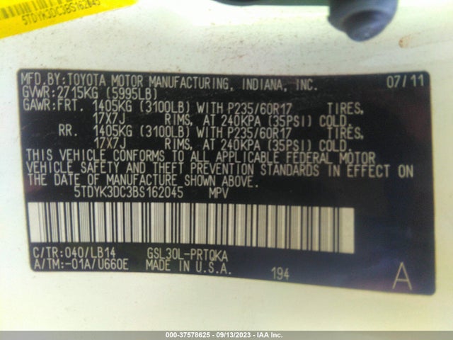 2011 TOYOTA SIENNA XLE AAS/XLE/LTD VIN: 5TDYK3DC3BS162045