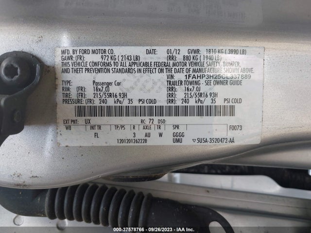 2012 FORD FOCUS SEL VIN: 1FAHP3H25CL337889