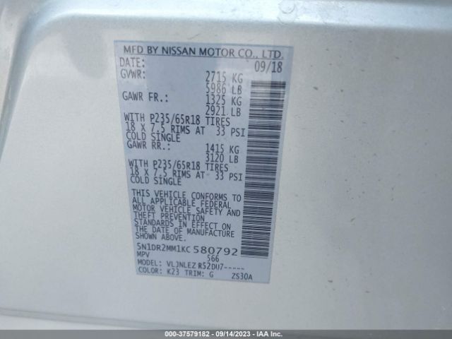 5N1DR2MM1KC580792 Nissan Pathfinder Sv