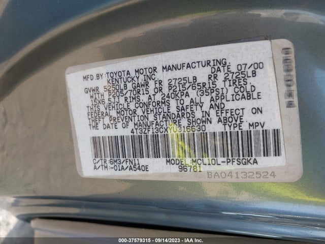 2000 TOYOTA SIENNA LE/XLE VIN: 4T3ZF13CXYU316630