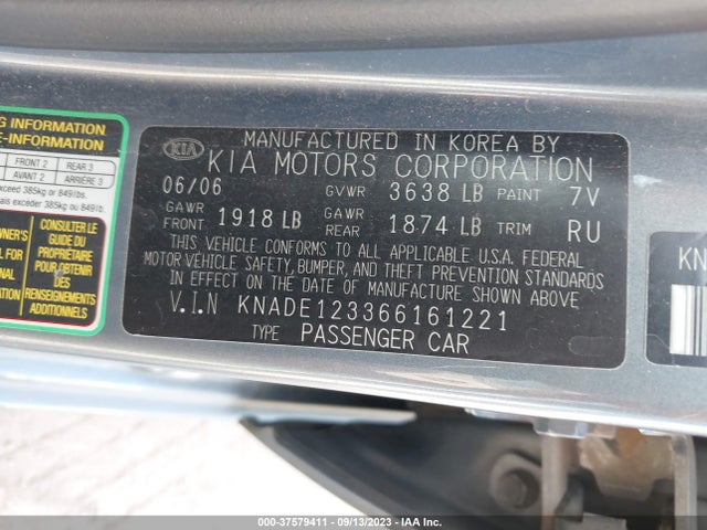 2006 KIA RIO LX VIN: KNADE123366161221