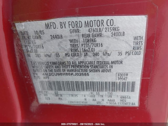 2006 MERCURY MARINER HYBRID VIN: 4M2CU98H86KJ02685