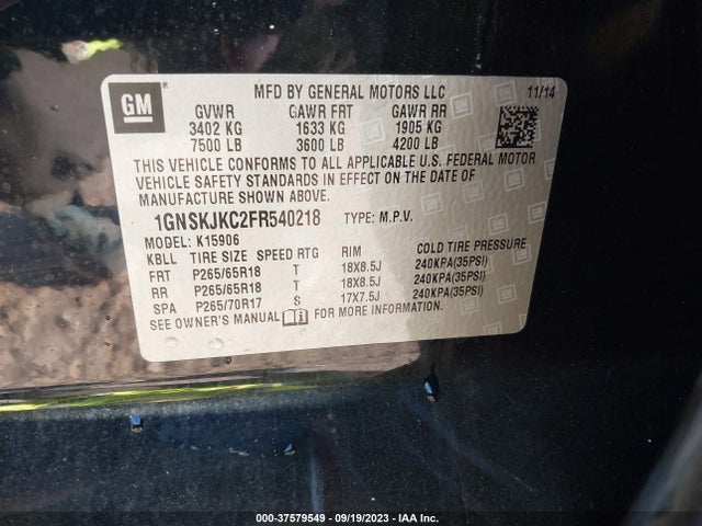 Chevrolet Suburban Lt 2015 1GNSKJKC2FR540218 Image 9