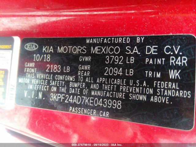 3KPF24AD7KE043998 KIA Forte Lxs