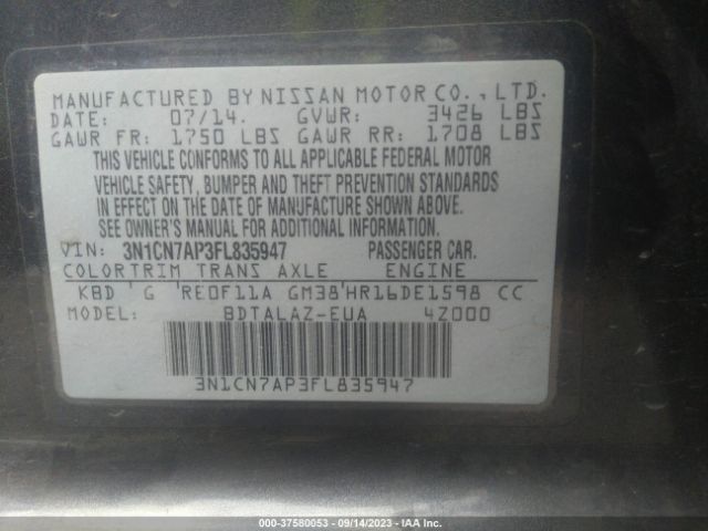 3N1CN7AP3FL835947 Nissan Versa S Plus