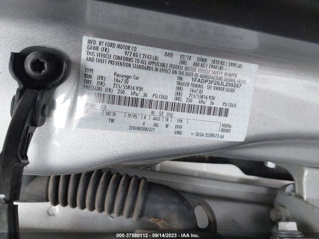 2018 FORD FOCUS SE VIN: 1FADP3F20JL269287