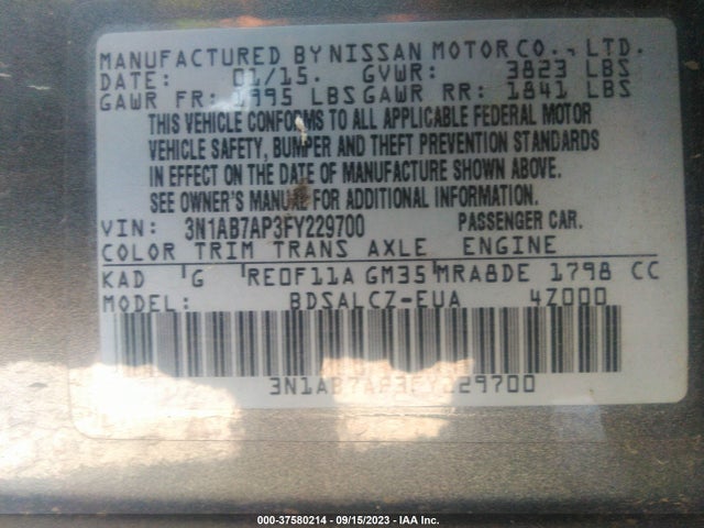 2015 NISSAN SENTRA S VIN: 3N1AB7AP3FY229700