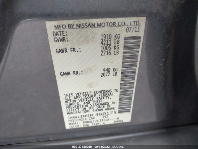 Nissan Altima 2.5 Sv 2015 1N4AL3AP2FC480175 Image 9