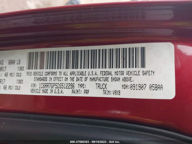2013 RAM 1500 SLT VIN: 1C6RR7GP5DS512296