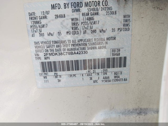2008 FORD EDGE SEL VIN: 2FMDK38C78BA42330