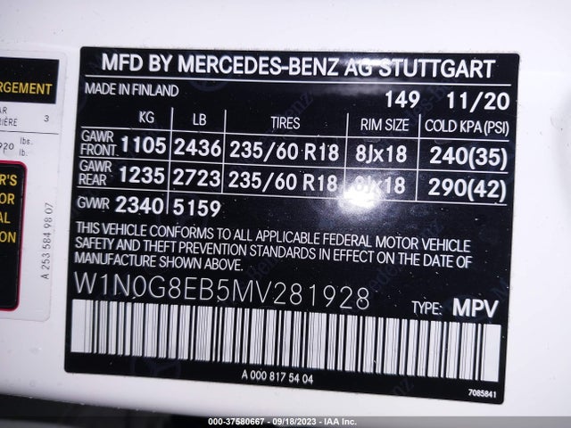 2021 MERCEDES-BENZ GLC GLC 300 VIN: W1N0G8EB5MV281928