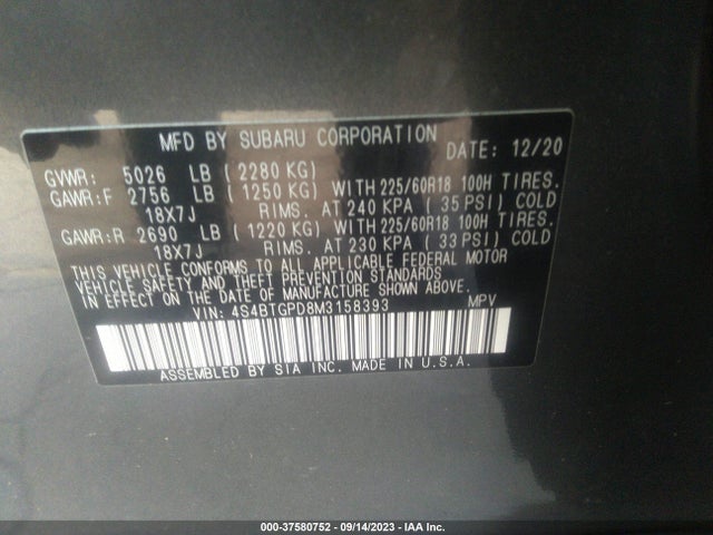Subaru Outback Touring Xt 2021 4S4BTGPD8M3158393 Image 9
