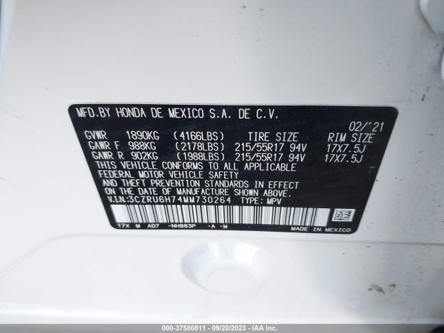 2021 HONDA HR-V AWD EX-L VIN: 3CZRU6H74MM730264