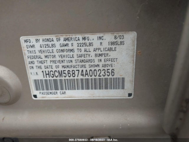 2004 HONDA ACCORD 2.4 EX VIN: 1HGCM56874A002356