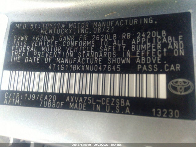 Toyota CAMRY SE 2022 4T1G11BKXNU047645 Image 9