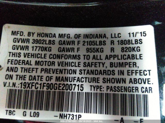 19XFC1F90GE200715 Honda Civic Sedan Touring
