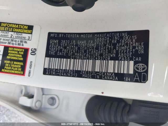 2016 TOYOTA COROLLA L/LE/S/S PLUS/LE PLUS VIN: 2T1BURHE5GC493708