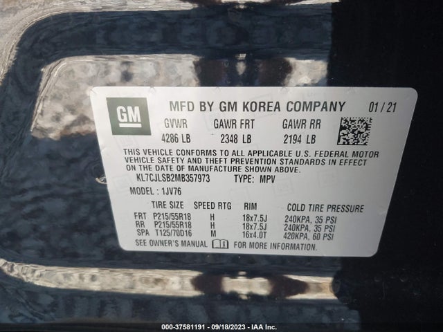 Chevrolet Trax Fwd Lt 2021 KL7CJLSB2MB357973 Image 9