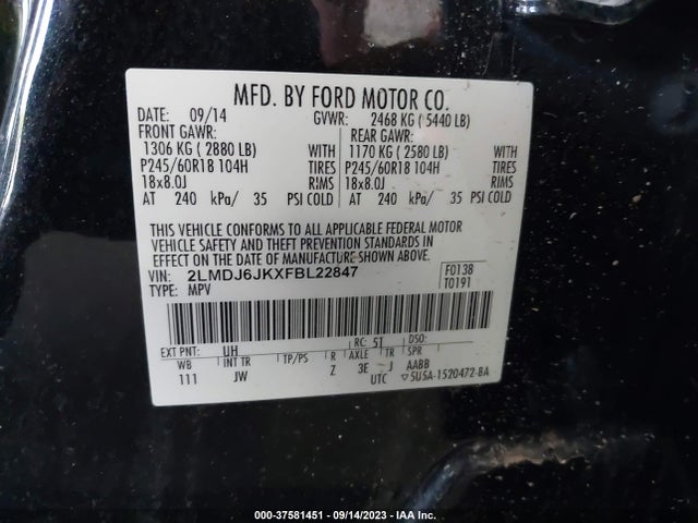 Lincoln MKX 2015 2LMDJ6JKXFBL22847 Image 9