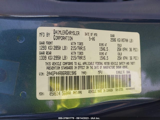 2006 CHRYSLER TOWN & COUNTRY LWB LX VIN: 2A4GP44R86R881906