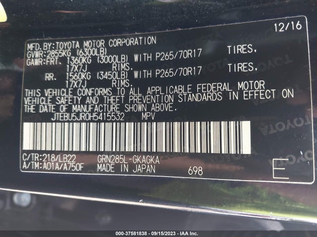 Toyota 4RUNNER SR5 2017 JTEBU5JR0H5415532 Image 9