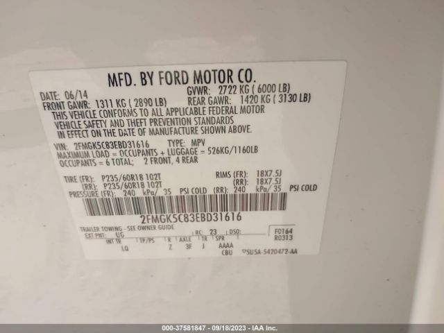 Ford FLEX SEL 2014 2FMGK5C83EBD31616 Image 9