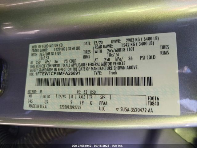 1FTEW1CP6MFA26091 Ford F-150 Xl/xlt/lariat