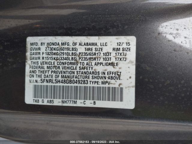 5FNRL5H48GB049283 Honda ODYSSEY EX
