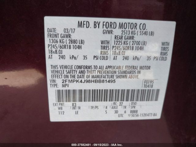 2FMPK4J98HBB81495 Ford EDGE SEL