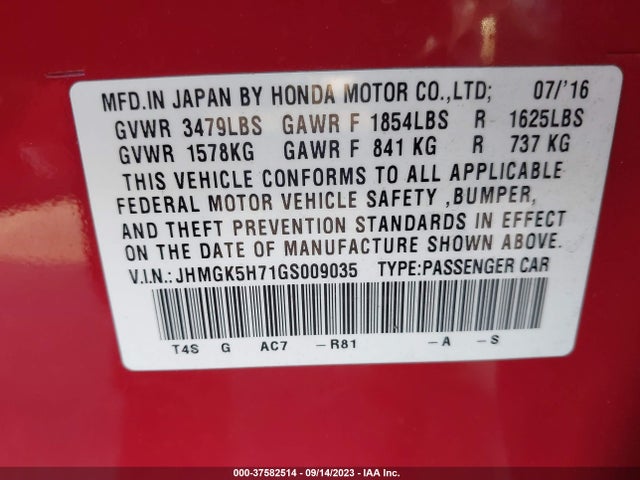 Honda FIT EX 2016 JHMGK5H71GS009035 Image 9
