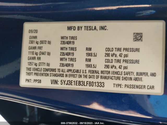 5YJ3E1EB3LF801333 Tesla Model 3 Long Range