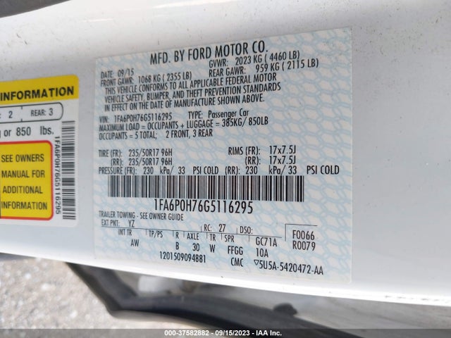 Ford FUSION SE 2016 1FA6P0H76G5116295 Image 9