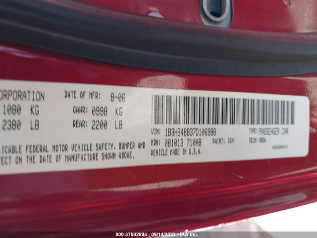 2007 DODGE CALIBER SXT VIN: 1B3HB48B37D106988