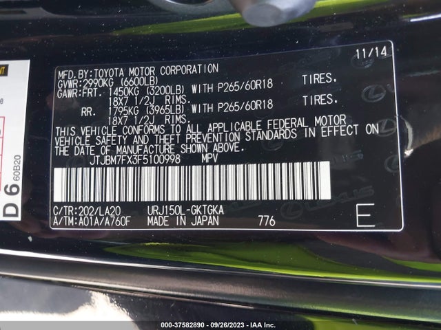 JTJBM7FX3F5100998 Lexus GX 460