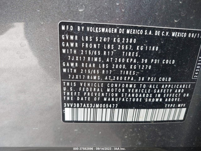 3VV3B7AX3JM005477 Volkswagen Tiguan Sel/se