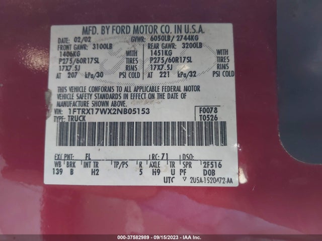 2002 FORD F-150 XL/XLT/LARIAT/KING RANCH VIN: 1FTRX17WX2NB05153