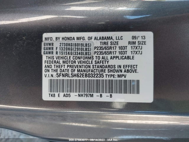 Honda Odyssey Ex-l 2014 5FNRL5H62EB032235 Image 9
