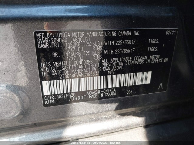 2021 TOYOTA RAV4 LE VIN: 2T3G1RFV4MC185837