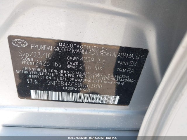 2011 HYUNDAI SONATA GLS VIN: 5NPEB4AC8BH163100