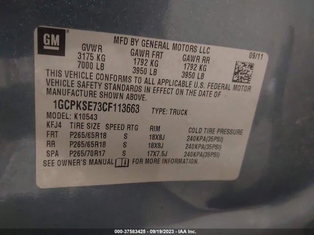 2012 CHEVROLET SILVERADO 1500 LT VIN: 1GCPKSE73CF113663