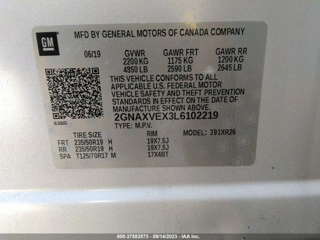 Chevrolet EQUINOX LT 2020 2GNAXVEX3L6102219 Image 9