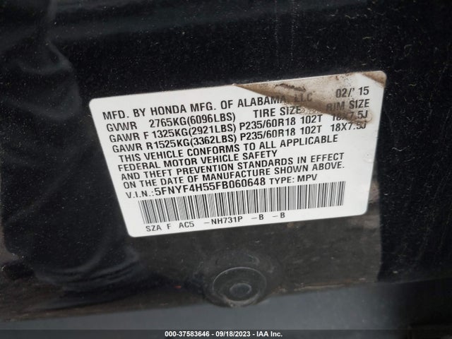 Honda Pilot Ex-l 2015 5FNYF4H55FB060648 Image 9