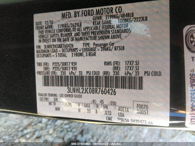 2011 LINCOLN MKZ VIN: 3LNHL2JC0BR760426