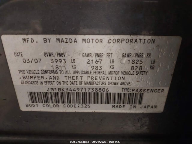 2007 MAZDA MAZDA3 S GRAND TOURING VIN: JM1BK344971738806