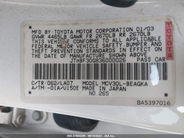 2003 LEXUS ES 300 VIN: JTHBF30G836000026